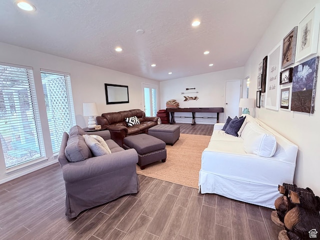 1705 S Bear Lake Blvd, Garden City, UT 84028 - living room featuring a healthy amount of sunlight, recessed lighting, dark wood finished floors, and a textured ceiling