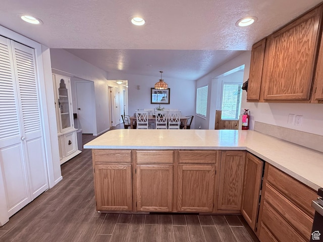 1705 S Bear Lake Blvd, Garden City, UT 84028 - kitchen featuring light countertops, a peninsula, a textured ceiling, and dark wood-type flooring