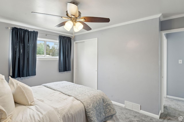 981 N 1300 W, Salt Lake City, UT 84116 - carpeted bedroom with visible vents, crown molding, a closet, baseboards, and ceiling fan