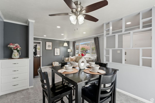 981 N 1300 W, Salt Lake City, UT 84116 - dining space with crown molding, light colored carpet, a ceiling fan, baseboards, and recessed lighting