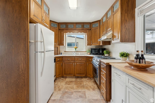 981 N 1300 W, Salt Lake City, UT 84116 - kitchen with black microwave, stainless steel electric range oven, a sink, freestanding refrigerator, and under cabinet range hood