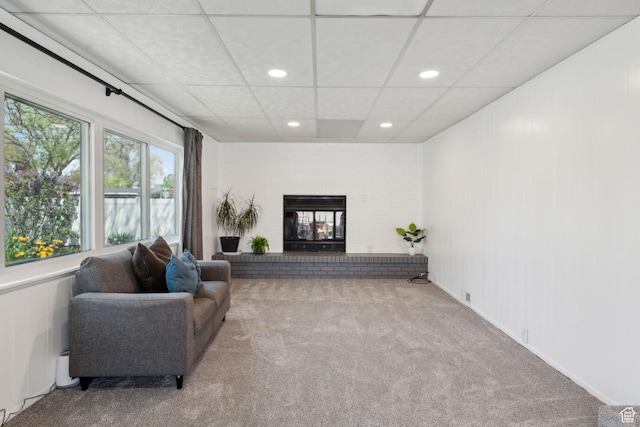 981 N 1300 W, Salt Lake City, UT 84116 - living room featuring visible vents, a brick fireplace, recessed lighting, a paneled ceiling, and carpet flooring
