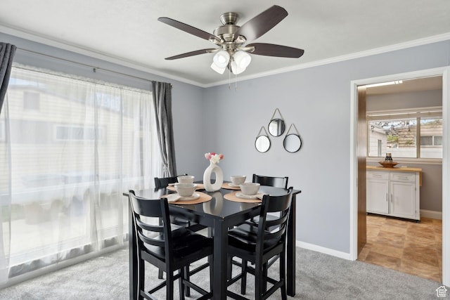 981 N 1300 W, Salt Lake City, UT 84116 - dining area with ceiling fan, ornamental molding, baseboards, and light carpet