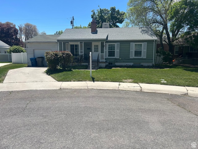 314 Harvard Cir, American Fork, UT 84003 - ranch-style home featuring covered porch, a garage, a chimney, concrete driveway, and a front yard