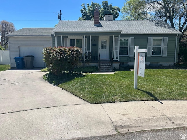 314 Harvard Cir, American Fork, UT 84003 - single story home with a chimney, driveway, covered porch, an attached garage, and a front lawn