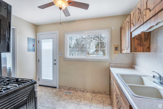 314 Harvard Cir, American Fork, UT 84003 - kitchen with a sink, electric panel, brown cabinets, visible vents, and a ceiling fan