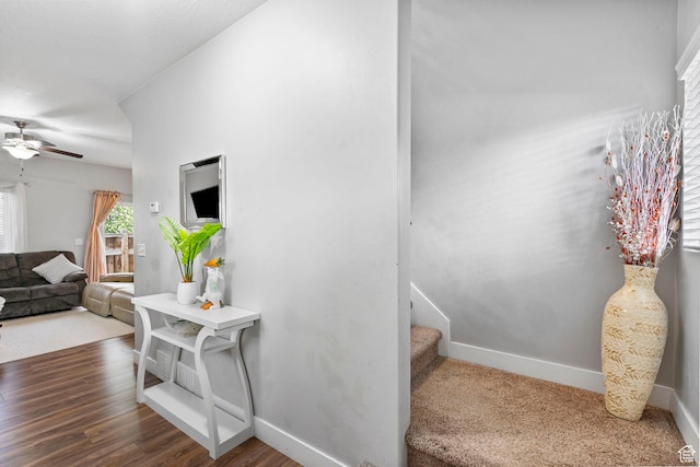 7465 N Cottage Ln, Eagle Mountain, UT 84005 - stairs with baseboards and a ceiling fan