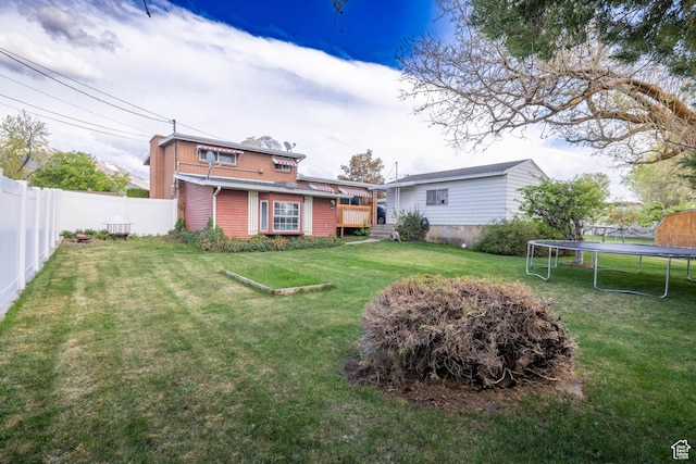 5393 S 700 E, South Ogden, UT 84405 - view of yard with an outdoor structure, a wooden deck, a fenced backyard, and a trampoline