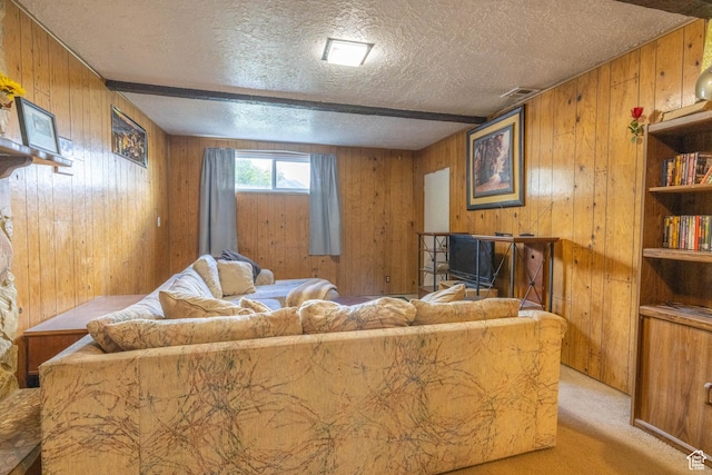 5393 S 700 E, South Ogden, UT 84405 - living room with visible vents, a textured ceiling, wooden walls, and light carpet