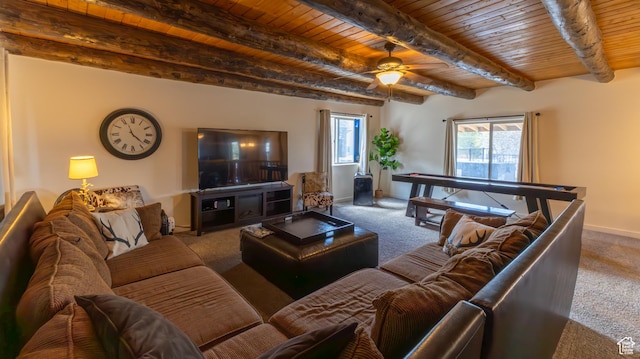 450 Hillside Pl, Cedar City, UT 84721 - carpeted living room with baseboards, ceiling fan, wooden ceiling, and beamed ceiling