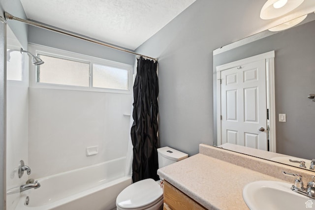 8551 S Laurel Oak Dr W, West Jordan, UT 84081 - bathroom with vanity, toilet, a textured ceiling, and shower / tub combo with curtain