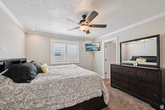 8551 S Laurel Oak Dr W, West Jordan, UT 84081 - bedroom featuring carpet floors, a ceiling fan, a textured ceiling, and crown molding