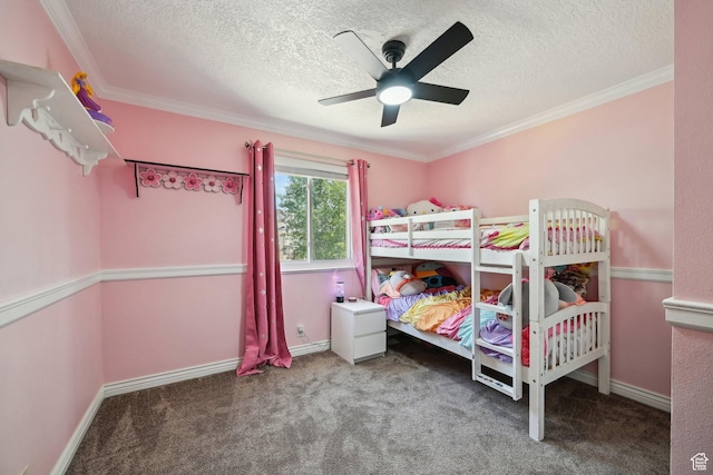 8551 S Laurel Oak Dr W, West Jordan, UT 84081 - bedroom featuring crown molding, a textured ceiling, ceiling fan, and carpet