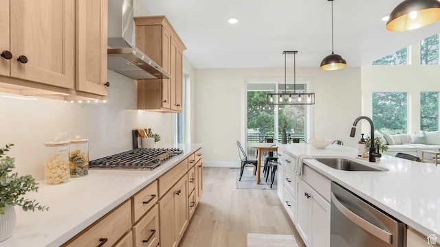 2298 E Parkside Cir S, South Ogden, UT 84403 - kitchen with wall chimney range hood, light countertops, a sink, light wood-style flooring, and appliances with stainless steel finishes