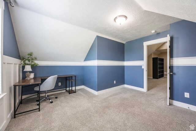 4306 Degray Dr, South Jordan, UT 84095 - office featuring a textured ceiling, carpet, lofted ceiling, and baseboards
