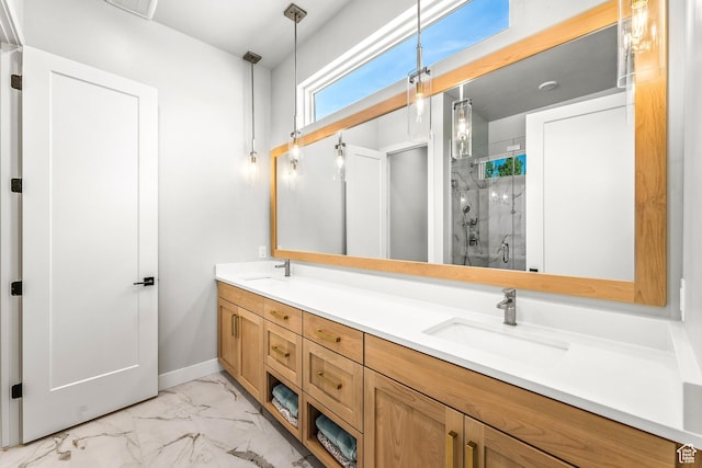 522 N Farmhouse Way, Midway, UT 84049 - bathroom featuring a sink, a shower stall, double vanity, and marble finish floor