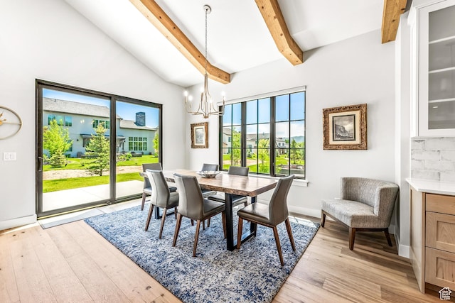 522 N Farmhouse Way, Midway, UT 84049 - dining area featuring light wood-type flooring, baseboards, a notable chandelier, and vaulted ceiling with beams