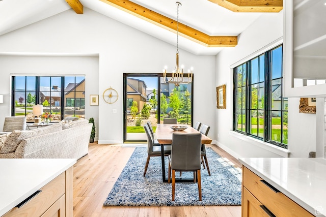 522 N Farmhouse Way, Midway, UT 84049 - dining space featuring an inviting chandelier, light wood-style floors, beam ceiling, and high vaulted ceiling