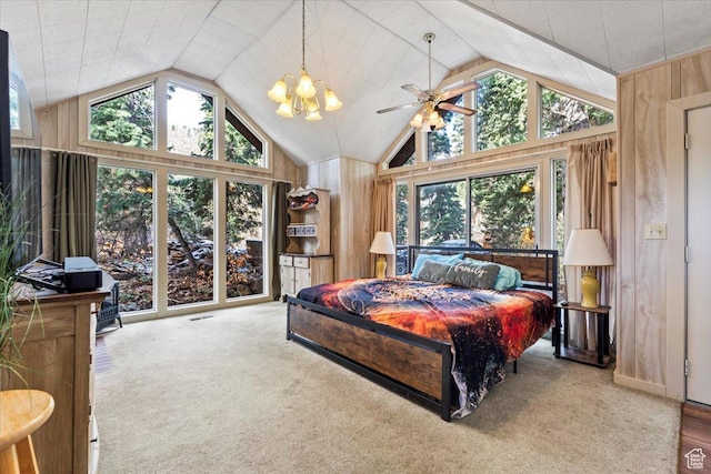 2405 Success Trl Unit 30, Midway, UT 84049 - carpeted bedroom with a notable chandelier, wood walls, vaulted ceiling, and visible vents