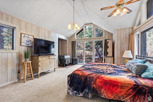 2405 Success Trl Unit 30, Midway, UT 84049 - bedroom with carpet floors, wood walls, vaulted ceiling, and an inviting chandelier