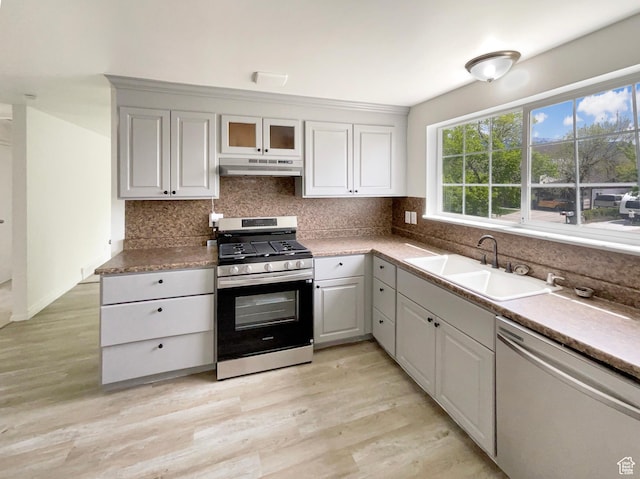722 E 1300 N, Ogden, UT 84404 - kitchen with tasteful backsplash, a sink, under cabinet range hood, stainless steel appliances, and light wood-style flooring