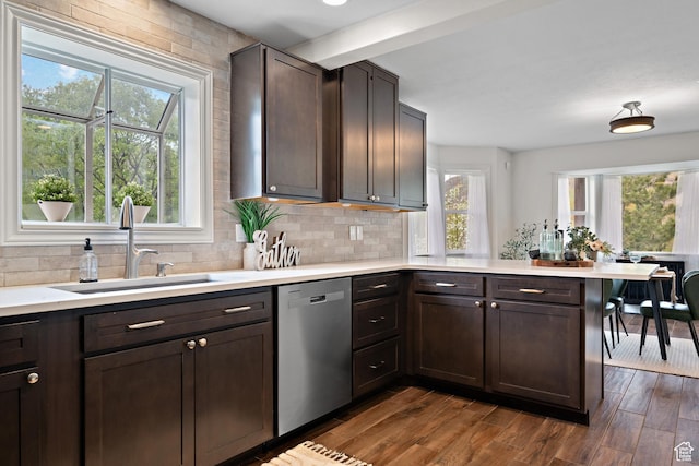 3841 E Grindstone Dr S, Springville, UT 84663 - kitchen with a sink, light countertops, a peninsula, decorative backsplash, and stainless steel dishwasher