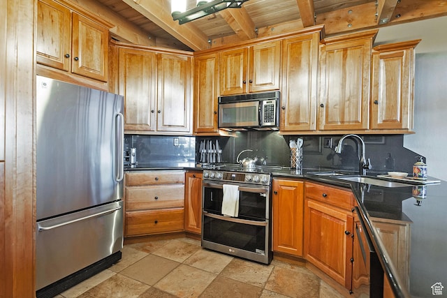 kitchen with stone tile floors, appliances with stainless steel finishes, decorative backsplash, and wooden ceiling