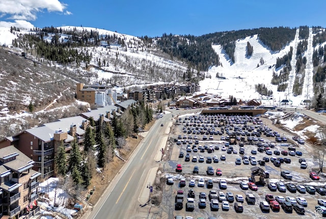 snowy aerial view featuring a mountain view