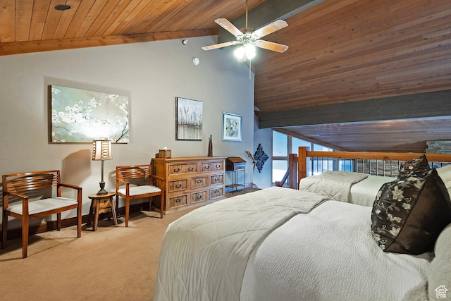 carpeted bedroom featuring wood ceiling, vaulted ceiling with beams, and a ceiling fan