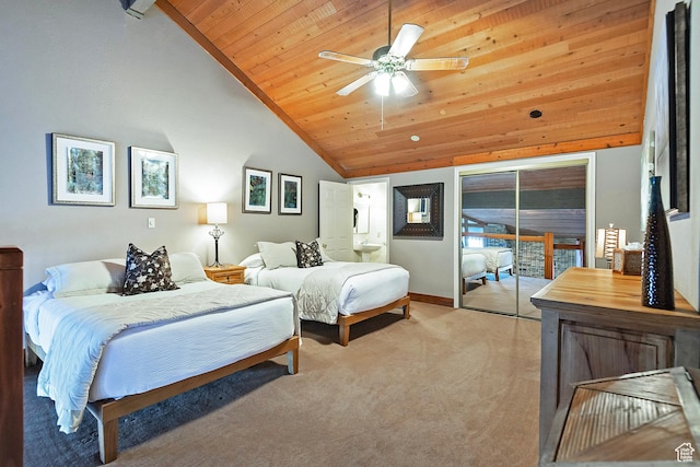 bedroom with access to outside, light colored carpet, high vaulted ceiling, baseboards, and wood ceiling