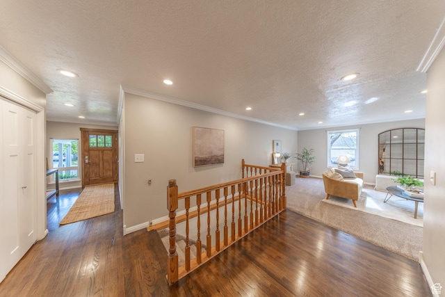 1145 Creek View Dr, Fruit Heights, UT 84037 - hallway with an upstairs landing, wood finished floors, baseboards, a textured ceiling, and crown molding