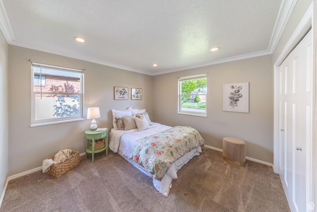 1145 Creek View Dr, Fruit Heights, UT 84037 - bedroom featuring baseboards, carpet flooring, ornamental molding, a closet, and recessed lighting