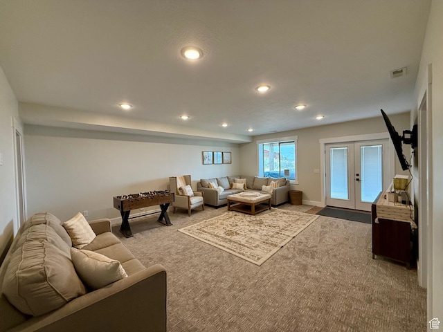 2774 S Chukar Dr, Garden City, UT 84028 - carpeted living area featuring visible vents, recessed lighting, baseboards, and french doors