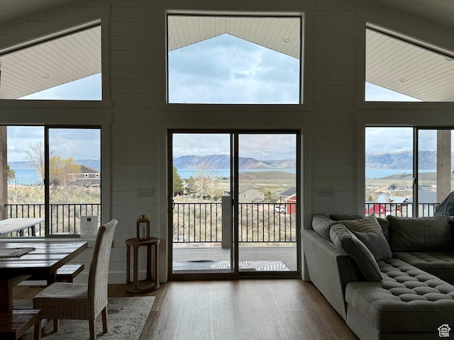 2774 S Chukar Dr, Garden City, UT 84028 - living area with wooden walls, a mountain view, and wood finished floors