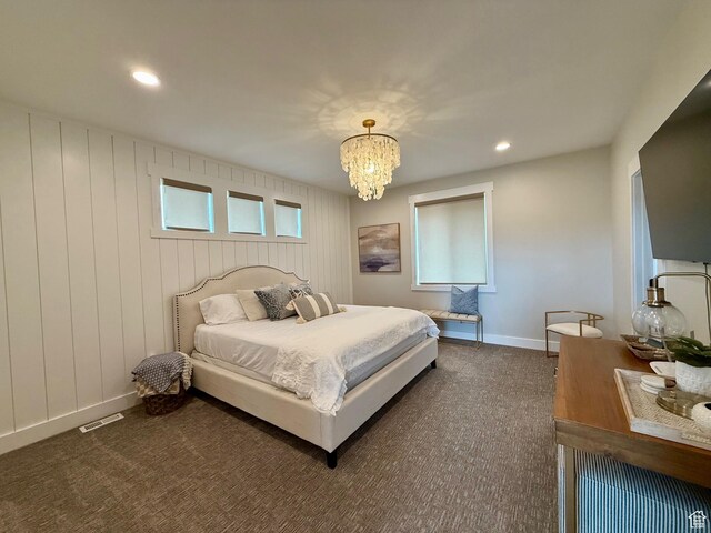 2774 S Chukar Dr, Garden City, UT 84028 - bedroom featuring baseboards, recessed lighting, a chandelier, and dark colored carpet