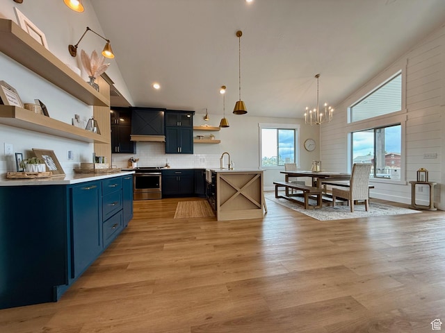 2774 S Chukar Dr, Garden City, UT 84028 - kitchen featuring open shelves, stainless steel range with electric stovetop, light countertops, high vaulted ceiling, and blue cabinets