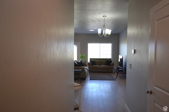 5745 N Gray Hawk Dr, Stansbury Park, UT 84074 - hallway with dark wood-style flooring, a chandelier, and a textured ceiling