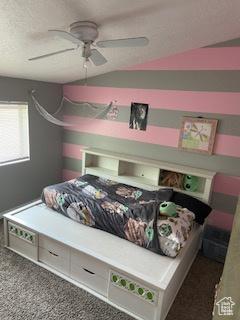 2622 N 175 W, Sunset, UT 84015 - bedroom with lofted ceiling, carpet flooring, ceiling fan, and a textured ceiling