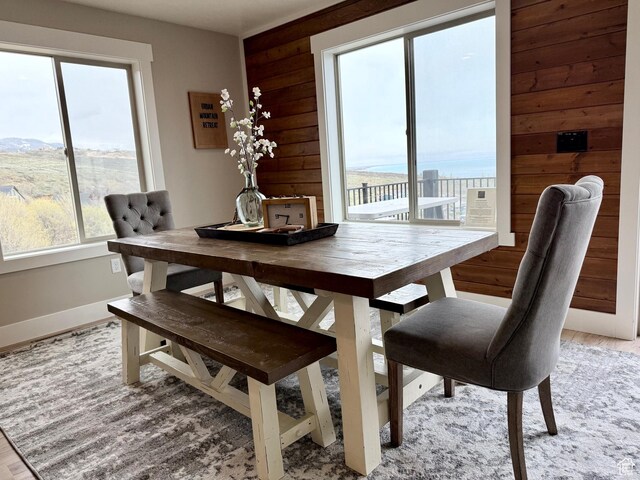 660 N Cambry Dr, Garden City, UT 84028 - dining area with baseboards, light wood-style flooring, and wooden walls