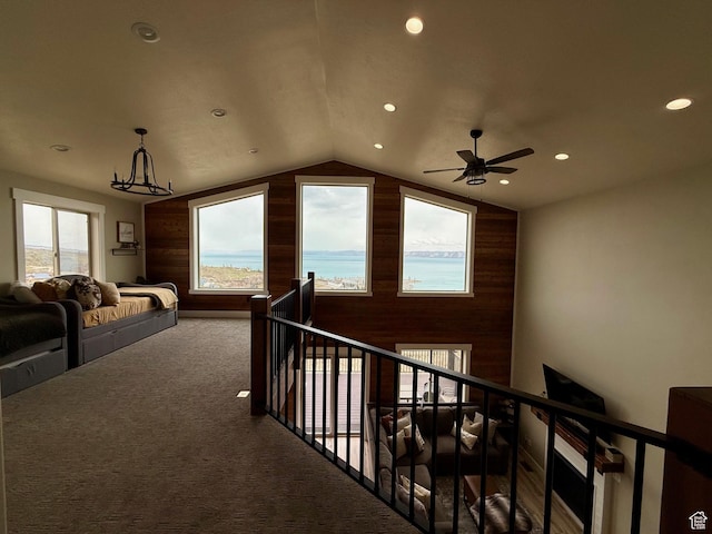 660 N Cambry Dr, Garden City, UT 84028 - hallway with carpet floors, recessed lighting, an upstairs landing, and lofted ceiling