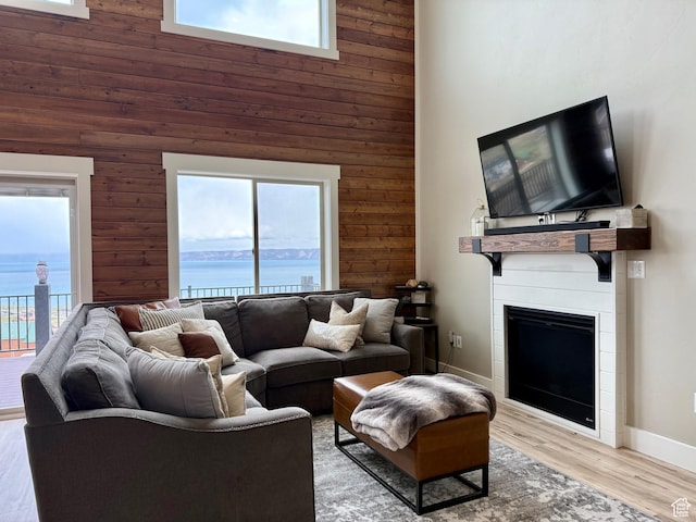660 N Cambry Dr, Garden City, UT 84028 - living area with wooden walls, wood finished floors, a healthy amount of sunlight, and a towering ceiling