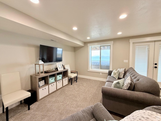 660 N Cambry Dr, Garden City, UT 84028 - living area featuring carpet flooring, french doors, recessed lighting, baseboards, and visible vents