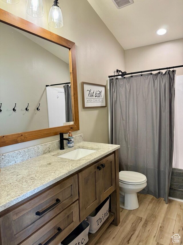 660 N Cambry Dr, Garden City, UT 84028 - bathroom with vanity, toilet, a shower with shower curtain, wood finished floors, and visible vents