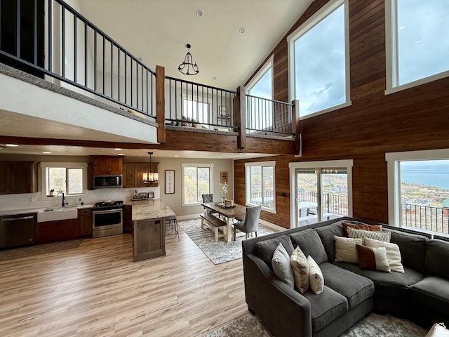 660 N Cambry Dr, Garden City, UT 84028 - living room with wooden walls, a high ceiling, light wood finished floors, and a wealth of natural light