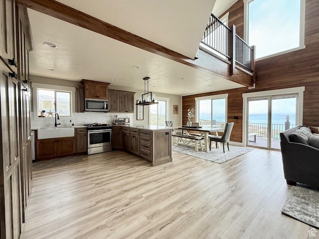 660 N Cambry Dr, Garden City, UT 84028 - kitchen with appliances with stainless steel finishes, wood walls, a sink, a peninsula, and open floor plan