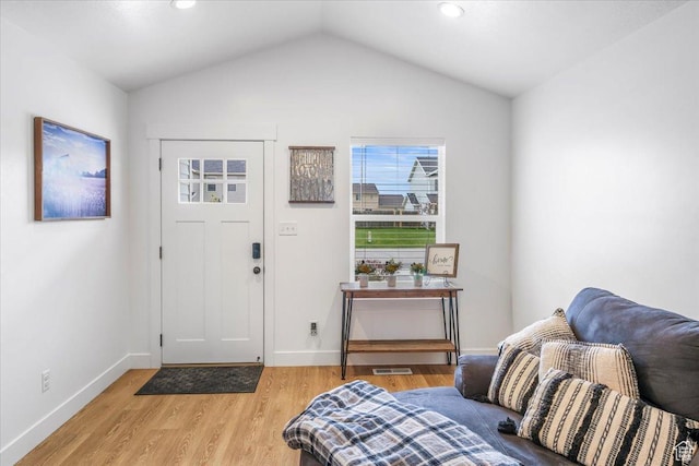 591 S Lakeside Dr, Franklin, ID 83237 - entrance foyer featuring visible vents, lofted ceiling, baseboards, light wood-type flooring, and recessed lighting