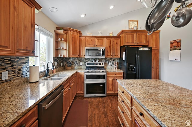 633 N 800 E, Wellsville, UT 84339 - kitchen featuring lofted ceiling, light stone counters, a sink, dark wood finished floors, and stainless steel appliances