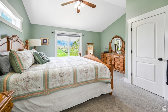 633 N 800 E, Wellsville, UT 84339 - bedroom featuring access to outside, carpet flooring, ceiling fan, and vaulted ceiling