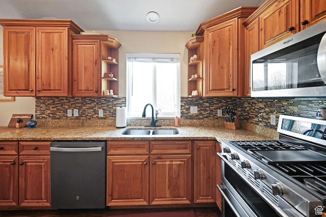 633 N 800 E, Wellsville, UT 84339 - kitchen with a sink, open shelves, appliances with stainless steel finishes, and decorative backsplash