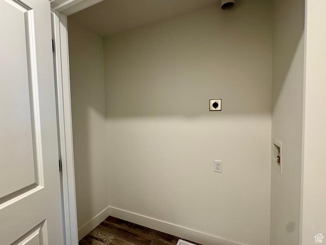 laundry room featuring laundry area, dark wood-style flooring, baseboards, washer hookup, and hookup for an electric dryer
